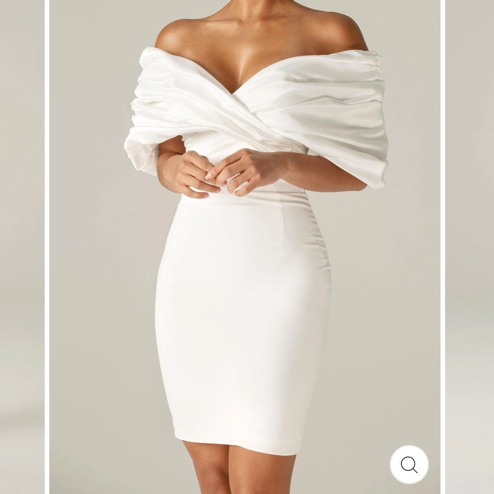 MARIBEL CREPE RUFFLE SHOULDER DRESS (WHITE)